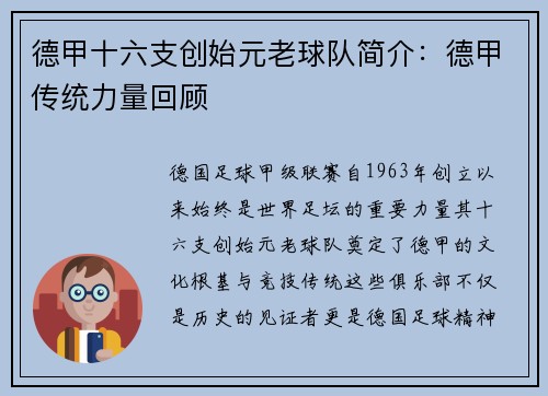 德甲十六支创始元老球队简介：德甲传统力量回顾