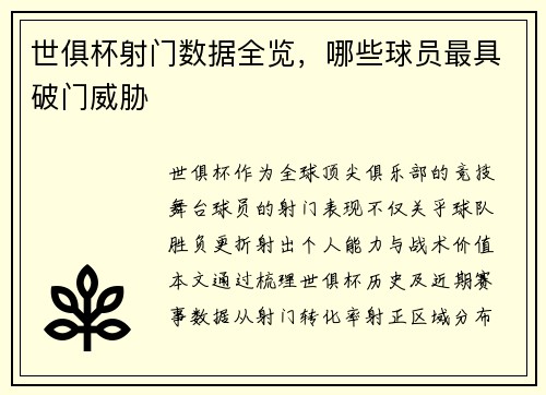 世俱杯射门数据全览，哪些球员最具破门威胁